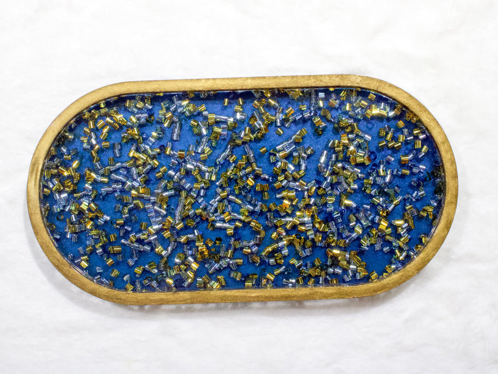 Royal Blue & Gold Beaded Resin Tray