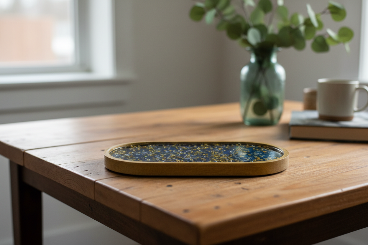 Royal blue resin tray on rustic wooden table with eucalyptus