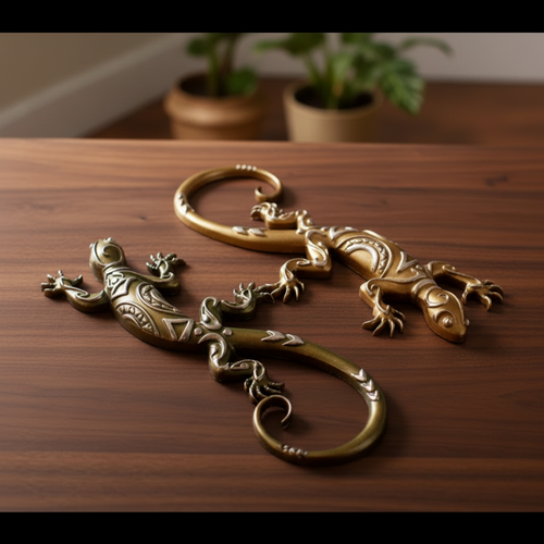 Handcrafted Tribal Resin Gecko Duo on dark walnut wood surface