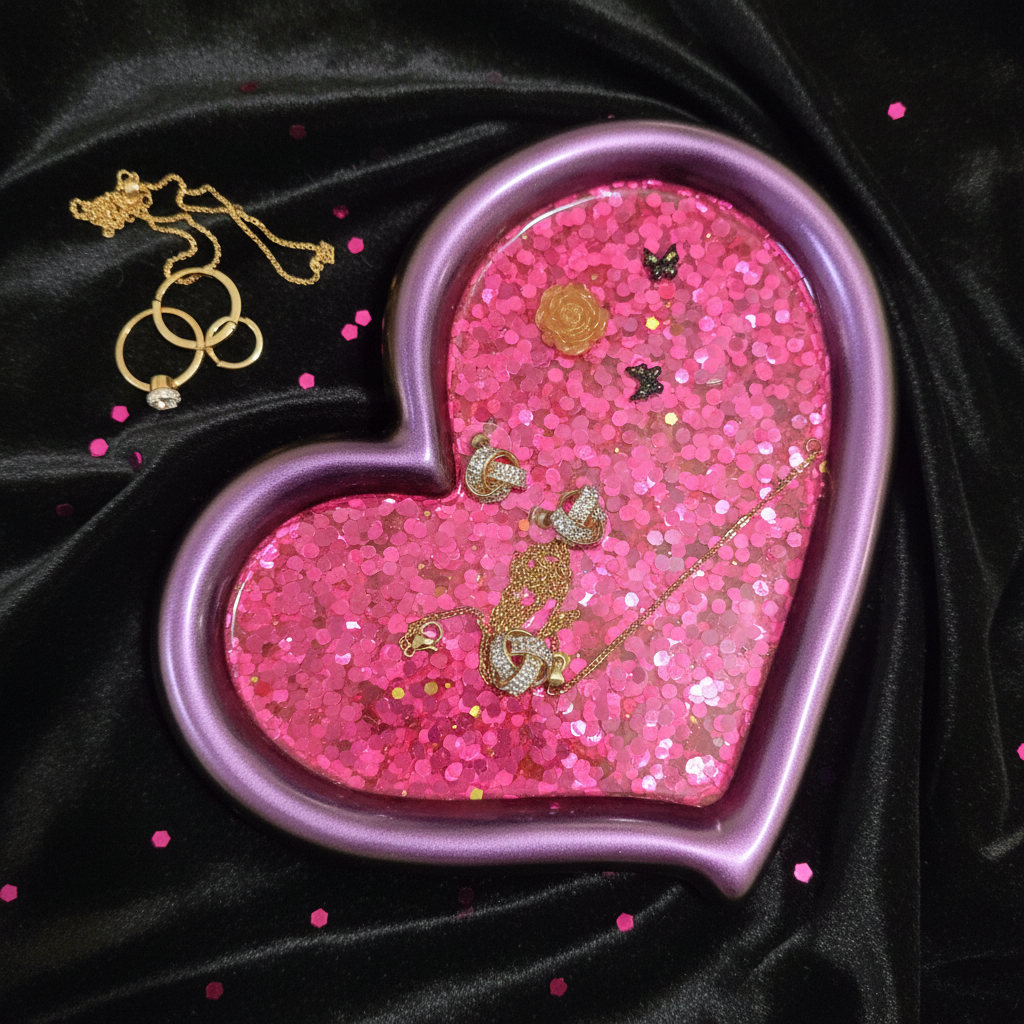 Pink Glitter Heart Resin Tray — Lifestyle