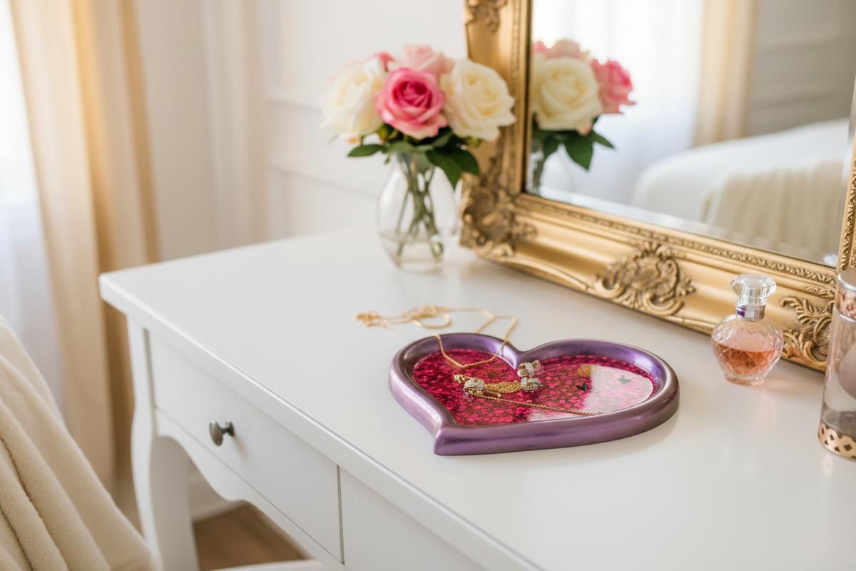 Pink Glitter Heart Resin Tray — Room Setting