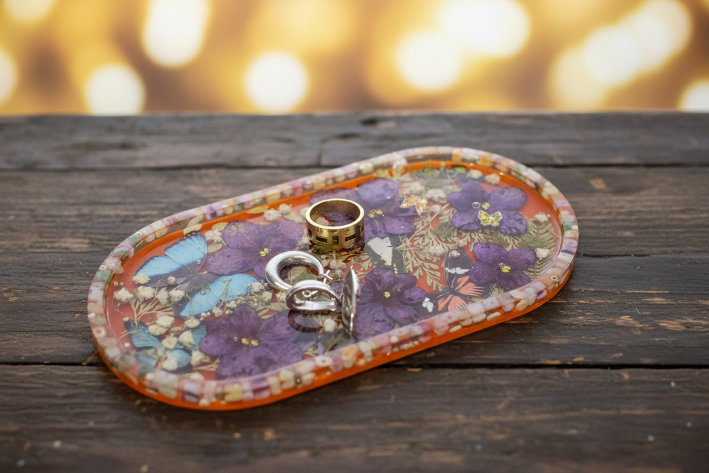 Handmade Art Resin Tray – Purple Florals & Butterflies