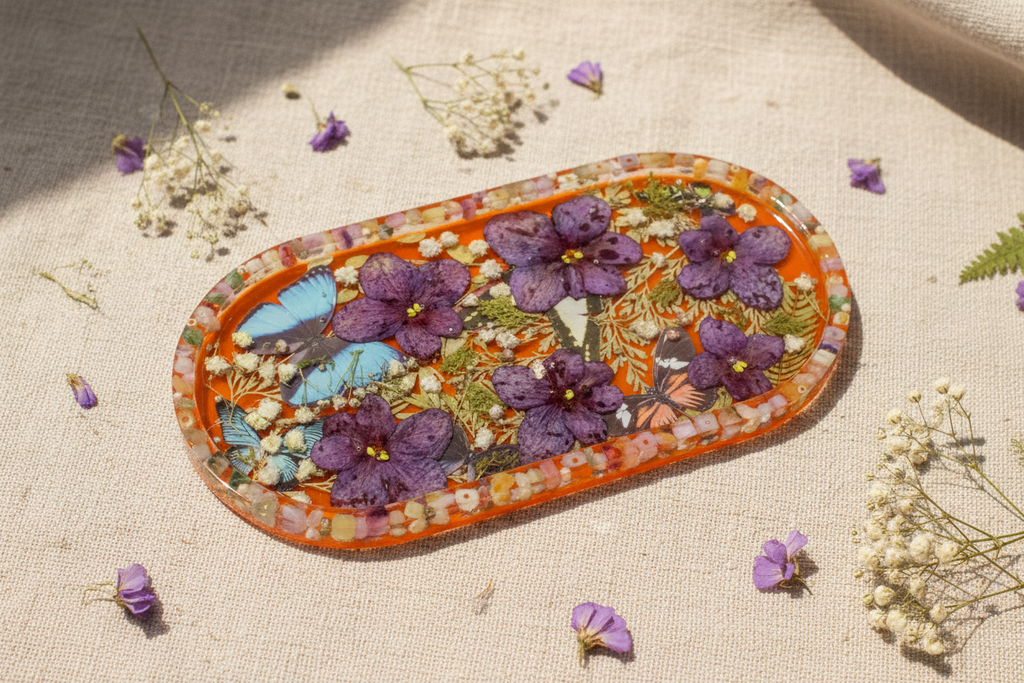 Handmade Art Resin Tray – Purple Florals & Butterflies