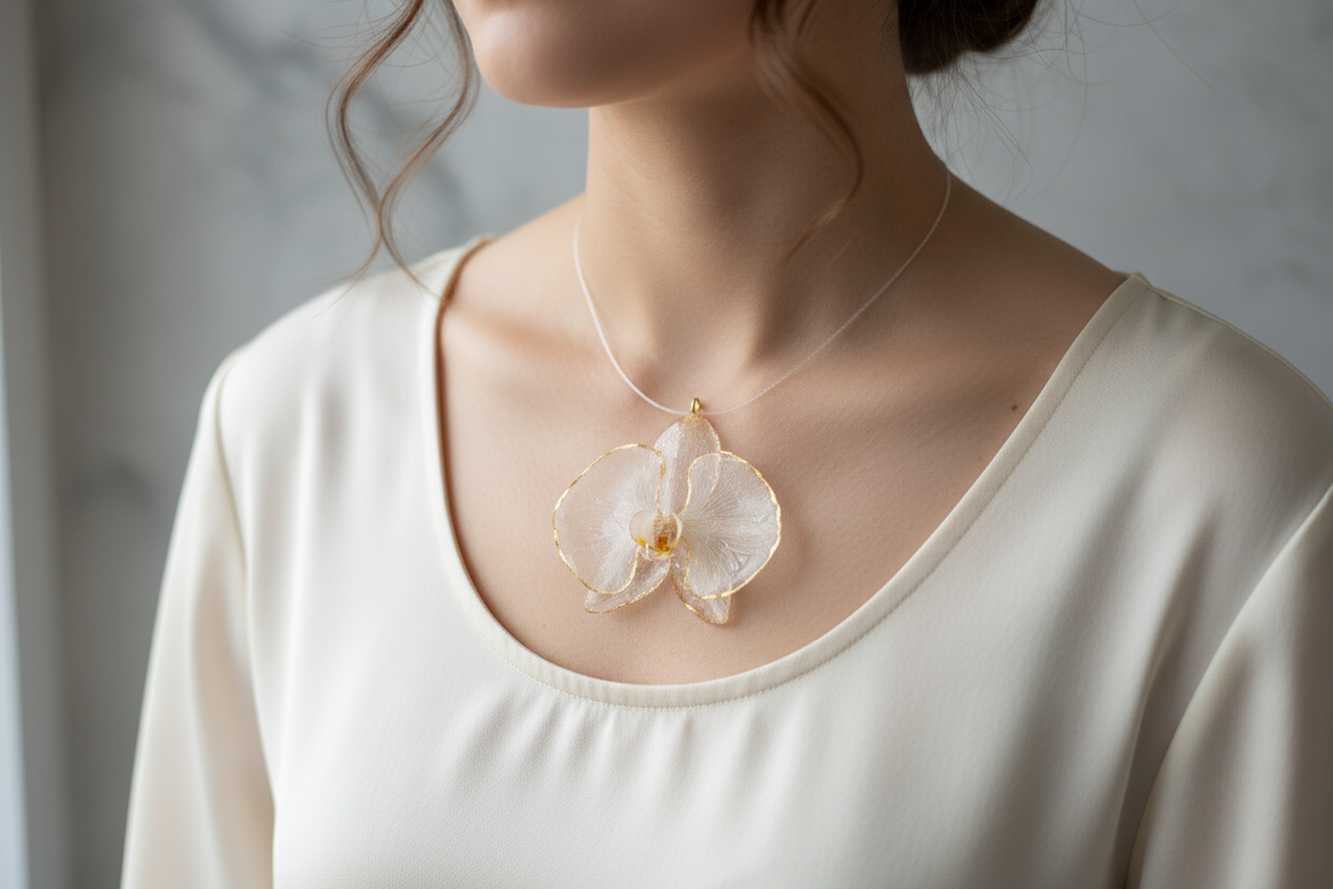 White Orchid Resin Necklace on Model